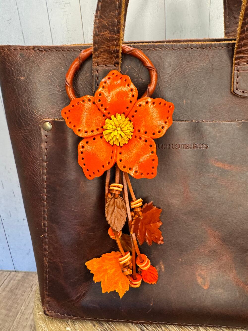 Autumn Orange Leather Purse Charm Genuine Leather Orange Flower Bag Charm